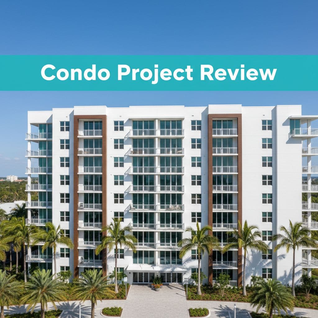Condo Project Review A modern multi-story condo building stands under a bright sun with palm trees in Florida. Southwest Florida Condo mortgage