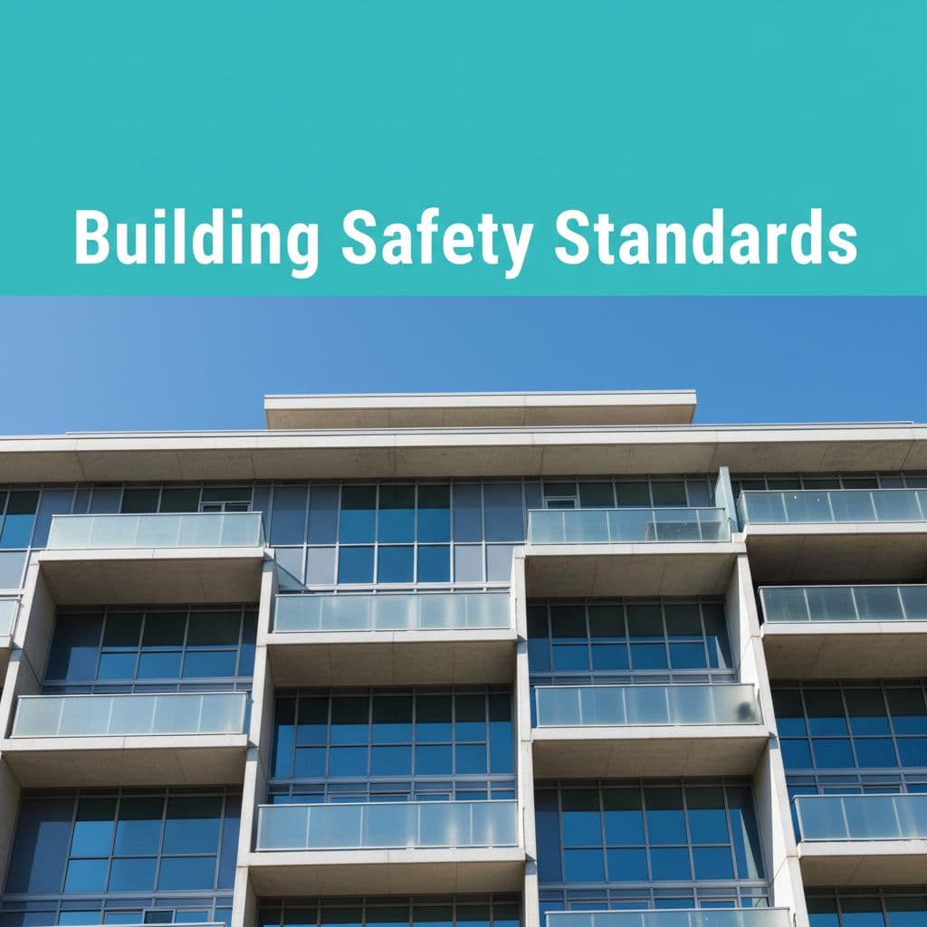 A low-angle view of a modern apartment building exterior against a clear blue sky.