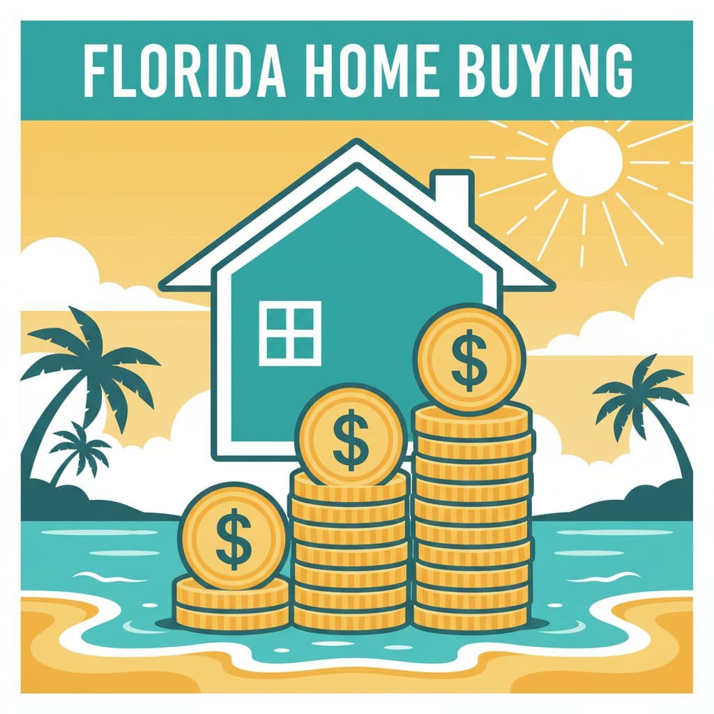 Florida down payment illustration with a house and stacked coins against a bright coastal backdrop