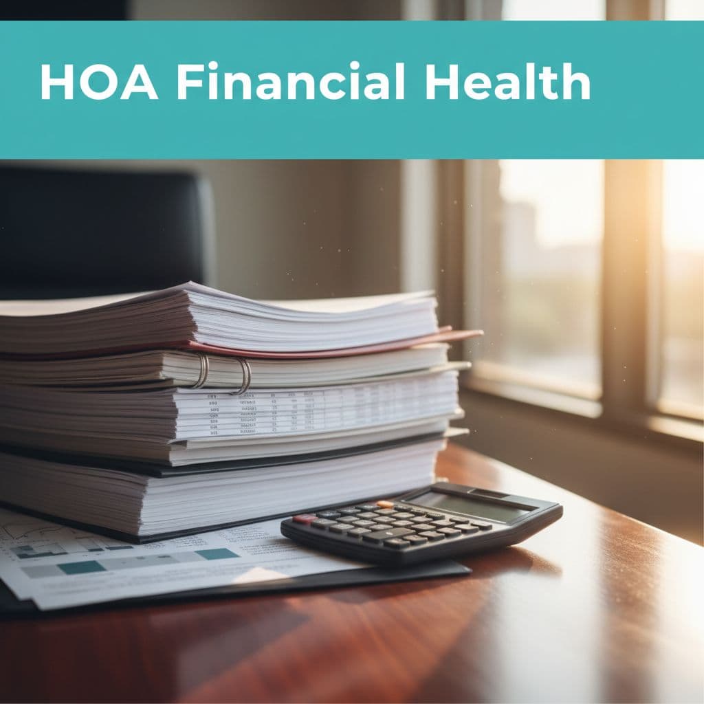 HOA Financial Health A calculator and financial documents sit on a mahogany desk bathed in sunlight. HOA Financial Health