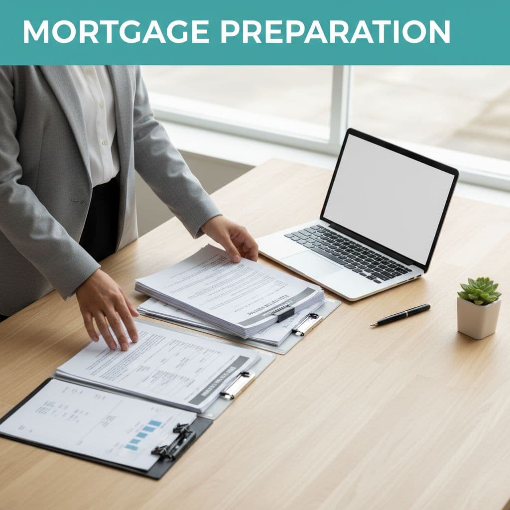 Mortgage pre-approval checklist documents organized on a clean desk.