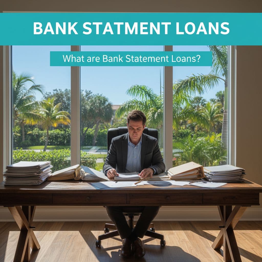 A person reviews financial papers at a wooden desk with Florida palm trees visible through the window.