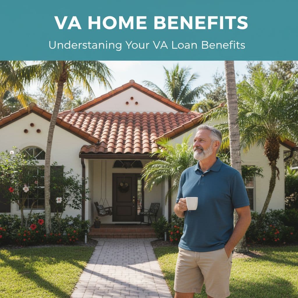 A relaxed veteran stands in a sunlit Florida garden looking toward a beautiful residential home.