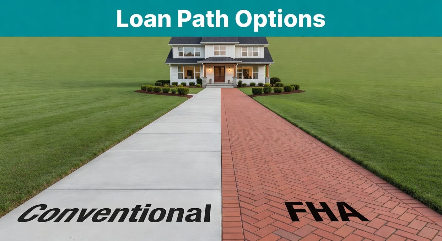 FHA conventional loans comparison showing two paths leading toward a house beneath a teal banner titled Loan Path Options.
