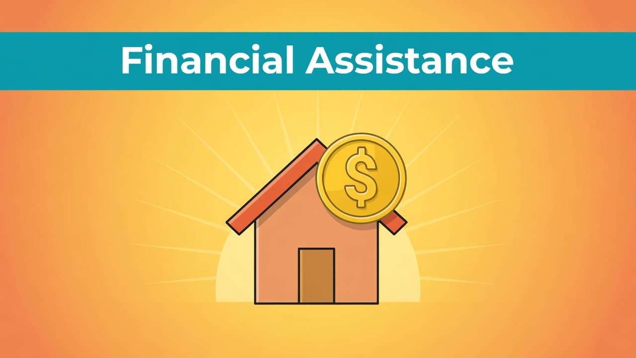 A minimalist house icon features a prominent gold coin overlay centered against a radiant, warm-toned sunburst background. A bold teal horizontal band sits at the top displaying the words Financial Assistance.