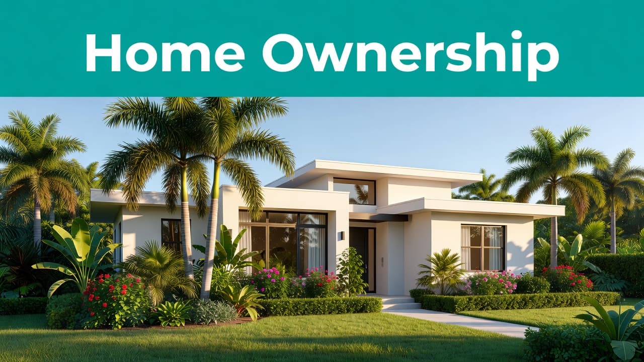 A contemporary single-story house sits under a clear blue sky, framed by vibrant palm trees and tropical landscaping. The bright Florida sunlight highlights the clean architectural lines and welcoming front entrance.