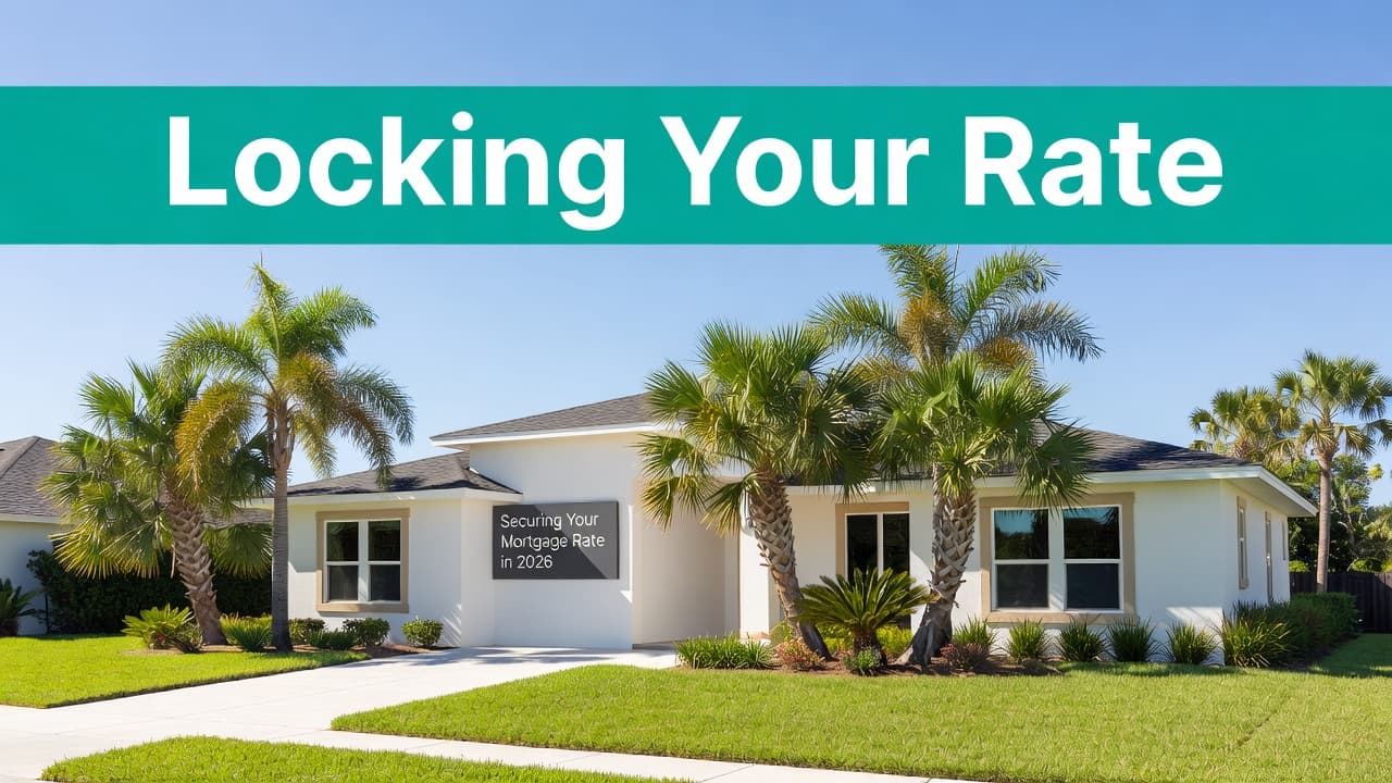 A well-maintained suburban house in Florida features lush green palm trees under a bright blue sky. A teal horizontal banner with white bold text is placed at the top edge.