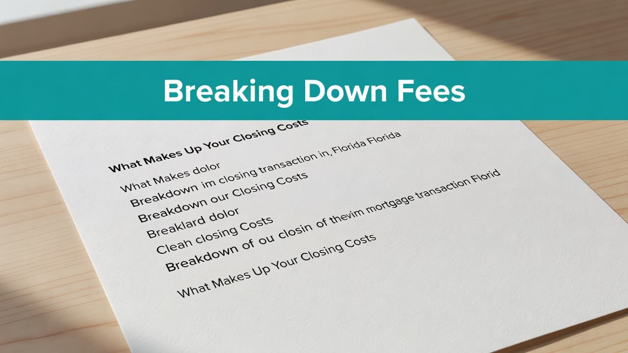 Florida mortgage closing costs broken down on a clean paper document with a bold teal header reading Breaking Down Fees.