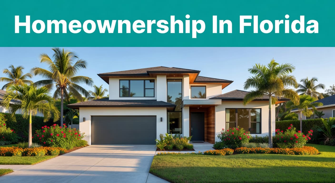 FHA conventional loans decision shown through a modern Southwest Florida single-family home under a teal banner titled Homeownership In Florida.