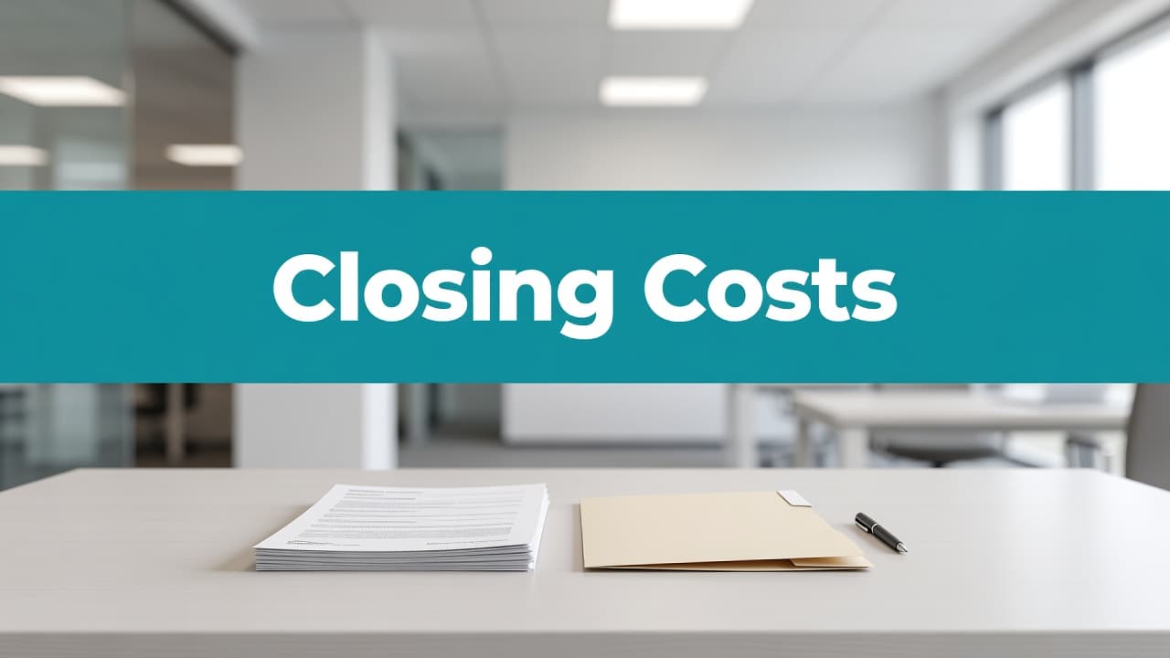 Florida mortgage closing costs paperwork stacked on a clean office desk beneath a bold teal header reading Closing Costs.