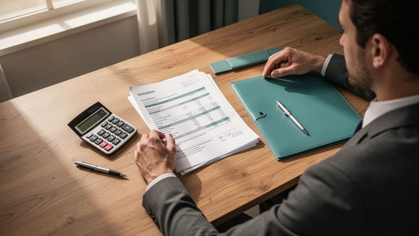 An overhead view of a clean wooden desk featuring a file folder, calculator, and pen for a mortgage review. A bold teal banner at the top clearly displays the assessment headline.