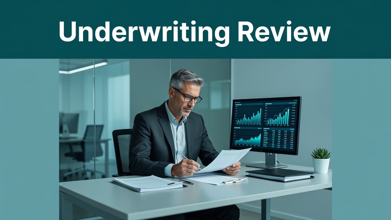 A focused professional sits at a clean, modern desk reviewing a stack of physical mortgage papers alongside a digital monitor. The office features a cool teal palette and bold header text.